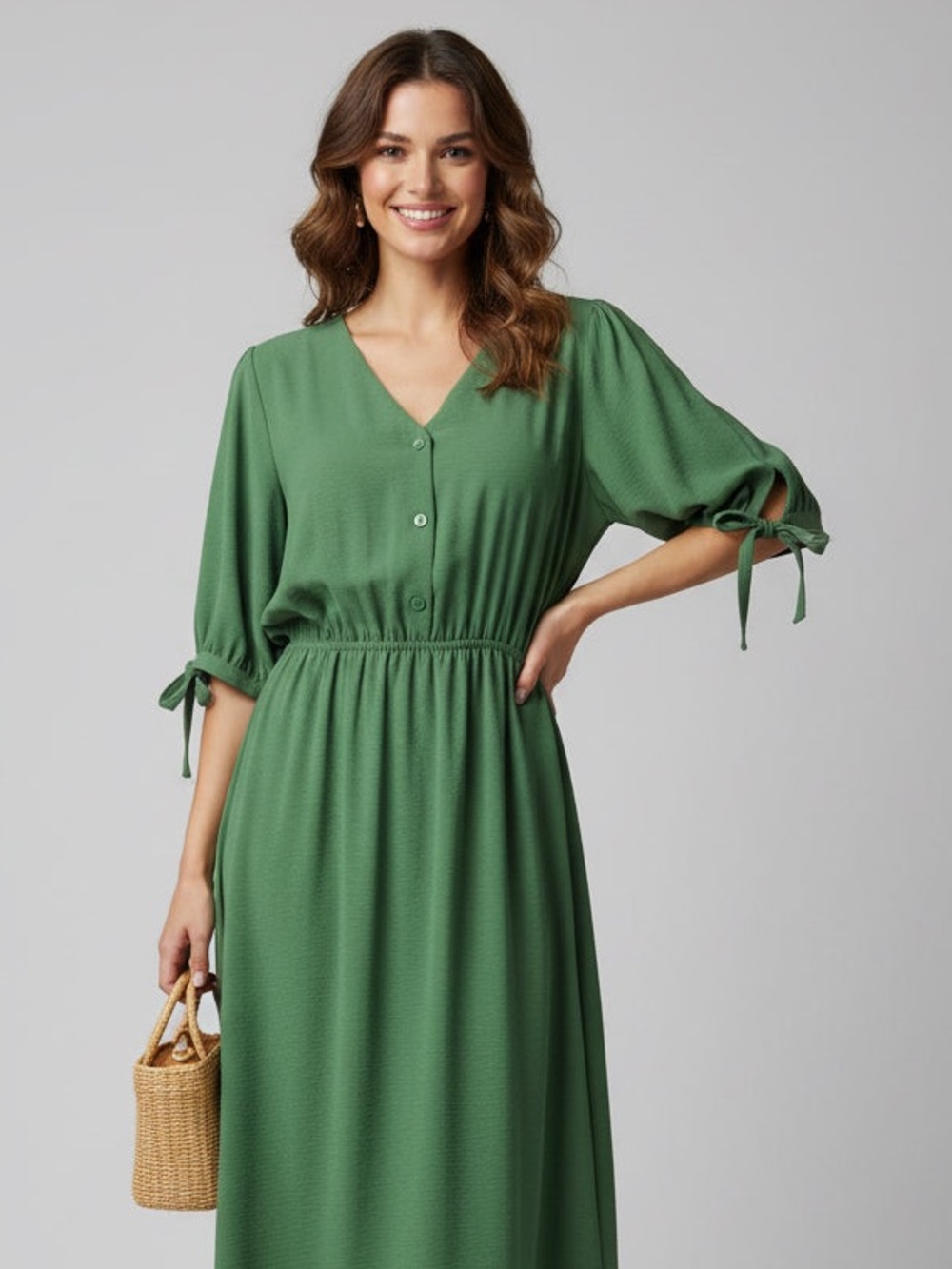 Avenue Olive Green V-Neck Midi Dress with Tie Sleeves